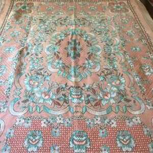Heavyweight Throw 50 x 72” Teal Salmon Flowers Floral Reversible Cozy EUC
